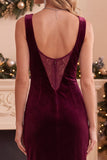 Burgundy Velvet Sheath Bateau Neck Lace Long Holiday Party Dress with Slit