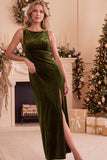 Burgundy Velvet Sheath Bateau Neck Lace Long Holiday Party Dress with Slit