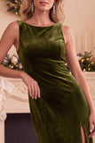 Burgundy Velvet Sheath Bateau Neck Lace Long Holiday Party Dress with Slit