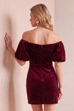 Burgundy Velvet Bodycon Off the Shoulder Puff Sleeves Short Holiday Party Dress with Bow
