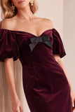 Burgundy Velvet Bodycon Off the Shoulder Puff Sleeves Short Holiday Party Dress with Bow