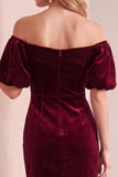 Burgundy Velvet Bodycon Off the Shoulder Puff Sleeves Short Holiday Party Dress with Bow