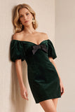Burgundy Velvet Bodycon Off the Shoulder Puff Sleeves Short Holiday Party Dress with Bow