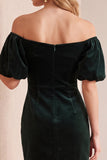 Burgundy Velvet Bodycon Off the Shoulder Puff Sleeves Short Holiday Party Dress with Bow