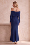 Dark Blue Mermaid Off the Shoulder Ruched Long Sleeves Long Wedding Guest Dress