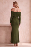 Dark Blue Mermaid Off the Shoulder Ruched Long Sleeves Long Wedding Guest Dress
