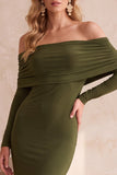 Dark Blue Mermaid Off the Shoulder Ruched Long Sleeves Long Wedding Guest Dress