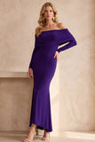 Dark Blue Mermaid Off the Shoulder Ruched Long Sleeves Long Wedding Guest Dress