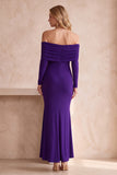 Dark Blue Mermaid Off the Shoulder Ruched Long Sleeves Long Wedding Guest Dress