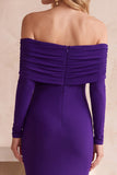 Dark Blue Mermaid Off the Shoulder Ruched Long Sleeves Long Wedding Guest Dress