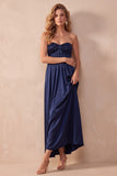 Black A-Line Satin Strapless Ruched Long Wedding Guest Dress