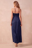 Black A-Line Satin Strapless Ruched Long Wedding Guest Dress