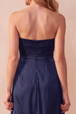 Black A-Line Satin Strapless Ruched Long Wedding Guest Dress