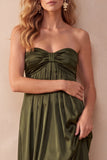 Black A-Line Satin Strapless Ruched Long Wedding Guest Dress