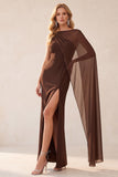 Coffee Sheath Chiffon One Shoulder Long Wedding Guest Dress with Cape
