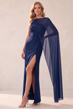 Coffee Sheath Chiffon One Shoulder Long Wedding Guest Dress with Cape