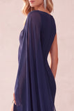 Coffee Sheath Chiffon One Shoulder Long Wedding Guest Dress with Cape