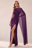 Coffee Sheath Chiffon One Shoulder Long Wedding Guest Dress with Cape