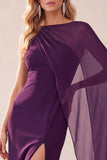 Coffee Sheath Chiffon One Shoulder Long Wedding Guest Dress with Cape