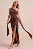 Olive Satin Sheath One Shoulder Ruched Long Wedding Guest Dress with Sash