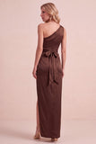 Olive Satin Sheath One Shoulder Ruched Long Wedding Guest Dress with Sash