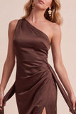 Olive Satin Sheath One Shoulder Ruched Long Wedding Guest Dress with Sash