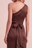 Olive Satin Sheath One Shoulder Ruched Long Wedding Guest Dress with Sash