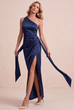 Olive Satin Sheath One Shoulder Ruched Long Wedding Guest Dress with Sash