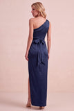 Olive Satin Sheath One Shoulder Ruched Long Wedding Guest Dress with Sash