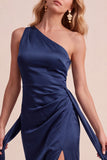 Olive Satin Sheath One Shoulder Ruched Long Wedding Guest Dress with Sash