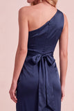 Olive Satin Sheath One Shoulder Ruched Long Wedding Guest Dress with Sash