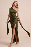 Olive Satin Sheath One Shoulder Ruched Long Wedding Guest Dress with Sash