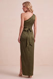 Olive Satin Sheath One Shoulder Ruched Long Wedding Guest Dress with Sash