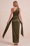 Olive Satin Sheath One Shoulder Ruched Long Wedding Guest Dress with Sash