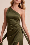 Olive Satin Sheath One Shoulder Ruched Long Wedding Guest Dress with Sash