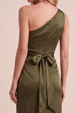 Olive Satin Sheath One Shoulder Ruched Long Wedding Guest Dress with Sash