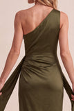 Olive Satin Sheath One Shoulder Ruched Long Wedding Guest Dress with Sash
