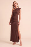 Coffee Sheath One Shoulder Ruched Maxi Wedding Guest Dress with Slit