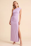 Coffee Sheath One Shoulder Ruched Maxi Wedding Guest Dress with Slit
