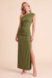 Coffee Sheath One Shoulder Ruched Maxi Wedding Guest Dress with Slit