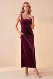 Burgundy Corset Velvet Sheath Square Neck Ruched Long Holiday Party Dress with Pockets