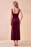 Burgundy Corset Velvet Sheath Square Neck Ruched Long Holiday Party Dress with Pockets