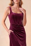 Burgundy Corset Velvet Sheath Square Neck Ruched Long Holiday Party Dress with Pockets