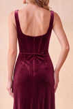 Burgundy Corset Velvet Sheath Square Neck Ruched Long Holiday Party Dress with Pockets