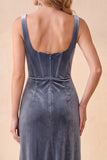Burgundy Corset Velvet Sheath Square Neck Ruched Long Holiday Party Dress with Pockets