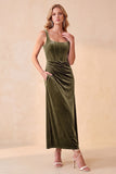 Burgundy Corset Velvet Sheath Square Neck Ruched Long Holiday Party Dress with Pockets