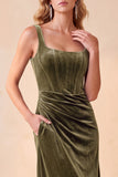 Burgundy Corset Velvet Sheath Square Neck Ruched Long Holiday Party Dress with Pockets