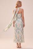 Light Green Printed Sheath Spaghetti Straps Long Wedding Guest Dress with Pockets