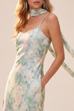 Light Green Printed Sheath Spaghetti Straps Long Wedding Guest Dress with Pockets