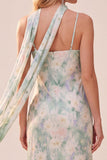 Light Green Printed Sheath Spaghetti Straps Long Wedding Guest Dress with Pockets